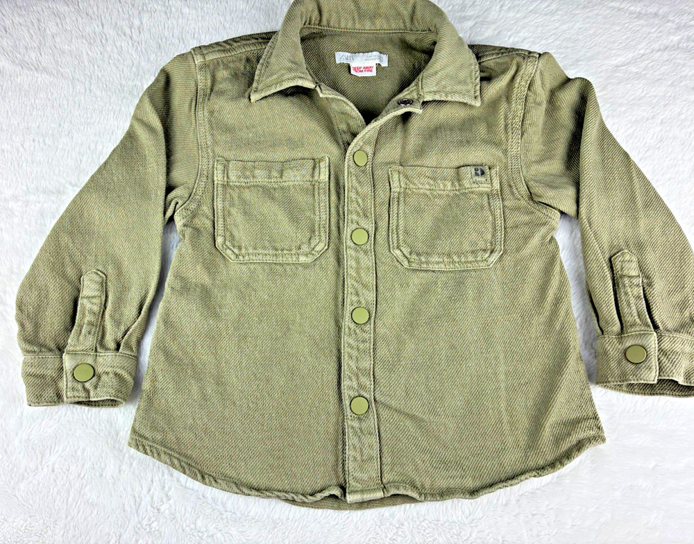 Zara Kids 4T Olive Green Cotton Utility Shacket Jacket Earthy Fall Minimalist